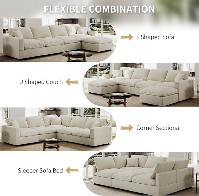 Linen Modular Sectional Sofa Cloud Couch for Living Room,Sleeper Sofa Bed,95.4 Inch Couches Cushion Covers Removable,Cozy Feather Down Sofa for Apartment Beige