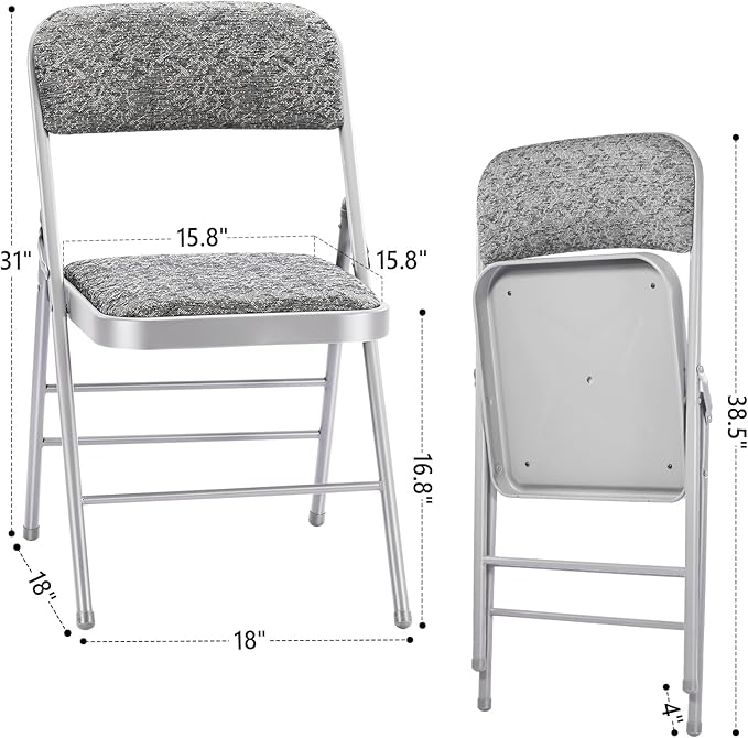 2 Pack Folding Chairs with Fabric Padded Cushion and Back, Commercial Grade Metal Chairs with Comfortable Fabric Cushion for Home and Office, for Indoor and Outdoor Events (2, Gray-Fabric)