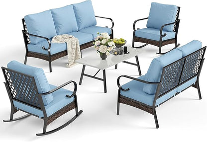 5 Piece Metal Outdoor Patio Furniture Set, Patio Conversation Sets 3-Seater Sofa, 2-Seater Sofa, 2 Rocking Sofa with 5.75" Thick Cushion & Coffee Table Black Backyard Furniture, Blue