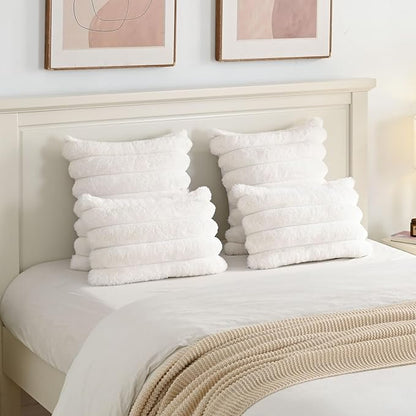 FUTEI Cream White Decorative Throw Pillow Covers 12x20 Inch Set of 2, Square Soft Faux Rabbit Fur Thick Striped Lumbar Pillow Case,Winter Home Decor for Couch Bed Living Room