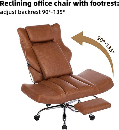 DYHOME Brown Leather Office Chair with Massage and Footrest, Heavy Duty Task Desk Chairs, Swivel Ergonomic Computer Gaming Chairs with Lumbar Support, Wheels Flip-up Arms Adjustable Height