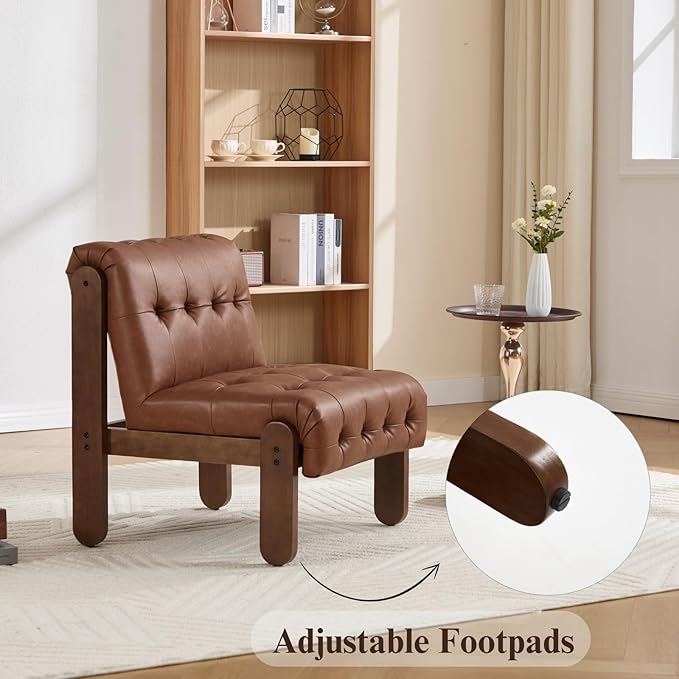 HEAH-YO Accent Chair Set of 1,Modern Vintage Living Room Chair for Bedroom with Button Tufted Back and Wood Legs,Upholstered Comfy Reading Chair for Makeup Vanity Cafe,PU Brown