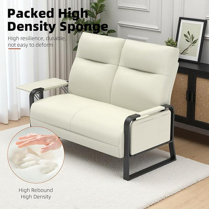 Faux Leather Loveseat, Upholstered Loveseat with Side Tray Table & Storage Pocket, Small Loveseat for Living Room, Modern 2 Seater Sofa Couch for Small Spaces, Bedroom, Beige