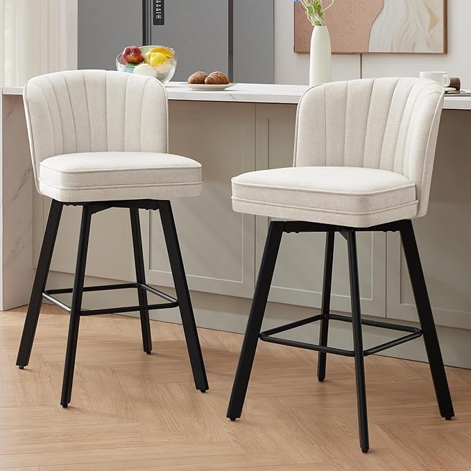 Swivel Counter Height Bar Stools Set of 2, 30'' Modern Barstools with Backs and Metal Legs, Upholstered Bar Chairs, Beige, Fabric Stools for Kitchen Island Chairs