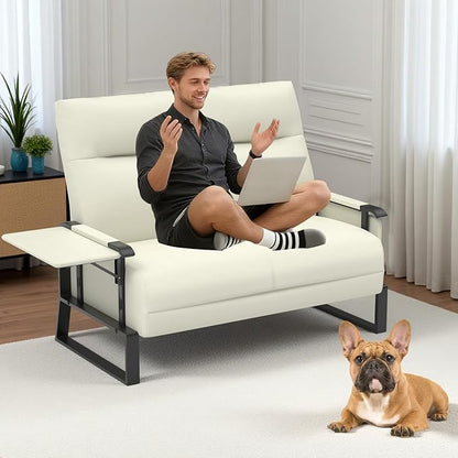 Faux Leather Loveseat, Upholstered Loveseat with Side Tray Table & Storage Pocket, Small Loveseat for Living Room, Modern 2 Seater Sofa Couch for Small Spaces, Bedroom, Beige