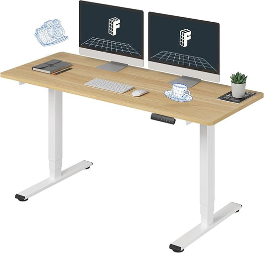 FLEXISPOT E6 Standing Desk 3 Stages Dual Motor Electric 60x24 Inch Whole-Piece Board Height Adjustable Electric Sit Stand Desk(White Frame + Maple Desktop, 2 Packages)