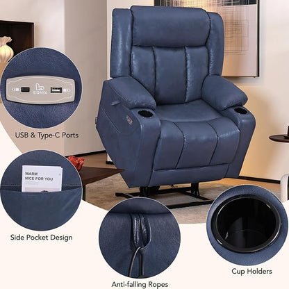 EONIX Dual Motor Oversized Power Lift Recliner Chair for Elderly, 400lbs Heavy Duty Faux Leather Recliner with Massage and Heat, Big and Tall Lay Flat Lift Chair with Cup Holders, SLRY006, Navy Blue