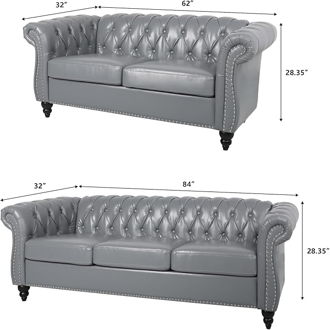 Faux Leather Sofa and Loveseat set, Mid Century Modern Upholstered Couch with Cushions, 2-Piece Home Sofa Living Room Furniture Sets, Comfy Tufted Chesterfield Couches for Bedroom, Office (Grey)