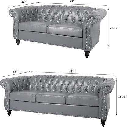 Faux Leather Sofa and Loveseat set, Mid Century Modern Upholstered Couch with Cushions, 2-Piece Home Sofa Living Room Furniture Sets, Comfy Tufted Chesterfield Couches for Bedroom, Office (Grey)