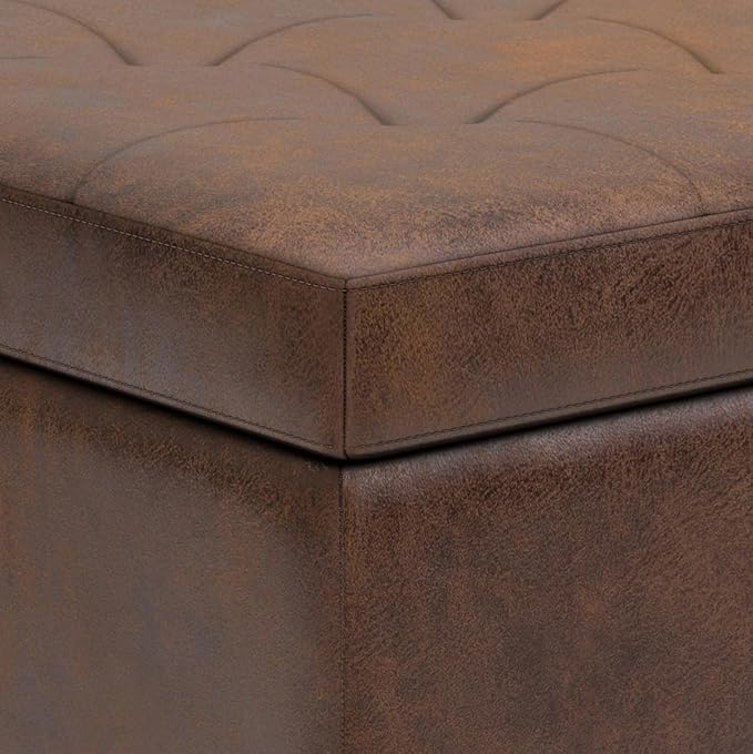 SIMPLIHOME Shay 34 inch Wide Mid Century Modern Small Rectangle Coffee Table Storage Ottoman in Distressed Chestnut Brown Vegan Faux Leather, Assembled, For the Living Room