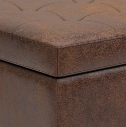 SIMPLIHOME Shay 34 inch Wide Mid Century Modern Small Rectangle Coffee Table Storage Ottoman in Distressed Chestnut Brown Vegan Faux Leather, Assembled, For the Living Room