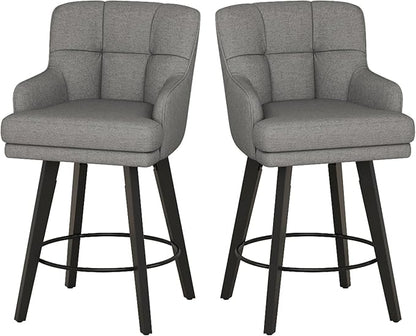 360°Swivel Counter Height Bar Stools with Back, 26 inch Solid Wood Legs, Bar Stool Modern Kitchen Island Chairs, Fabric (Mid-Grey- Fabric, 26" H- Set of 2)