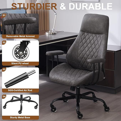 Home Office Desk Chair, Ergonomic High Back Leather Computer Chair with Lumbar Support, Adjustable Height & Recline, Swivel Executive Office Chair with Armrests and Rubber Casters, Dark Grey