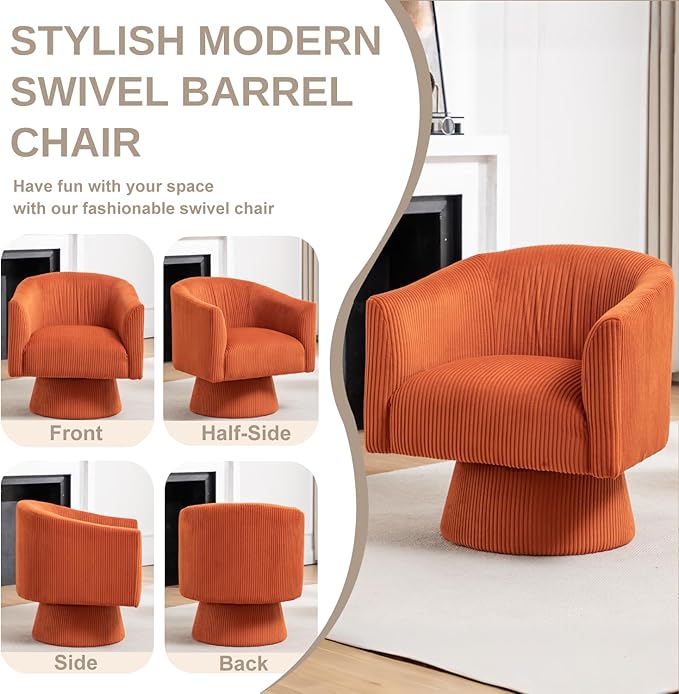 Swivel Accent Chair Set of 2, Modern 360° Swivel Barrel Chair, Corduroy Upholstered Single Sofa for Living Room, Bedroom(Orange)