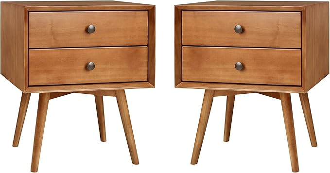 Walker Edison Ella Mid-Century Modern 2-Piece 2-Drawer Solid Wood Nightstand Set, 2 Pack, Caramel