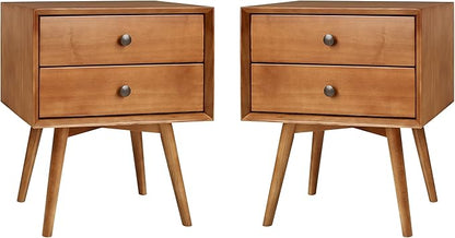 Walker Edison Ella Mid-Century Modern 2-Piece 2-Drawer Solid Wood Nightstand Set, 2 Pack, Caramel