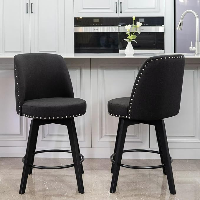 MINCETA Bar Stools Set of 2, 26 Inch Upholstered Barstools with High Back and Footrest, Swivel Counter Height Barstools for Kitchen Island Home Bar Black