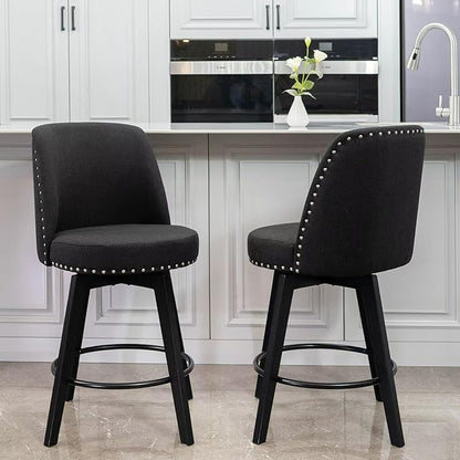 MINCETA Bar Stools Set of 2, 26 Inch Upholstered Barstools with High Back and Footrest, Swivel Counter Height Barstools for Kitchen Island Home Bar Black
