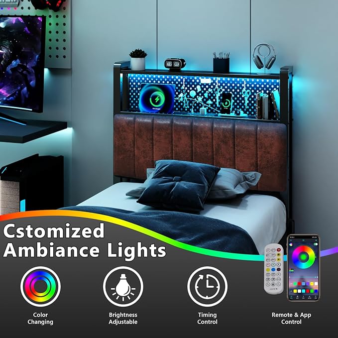 VINGLI Twin or Twin XL Size Headboard, Adjustable Upholstered Headboard with 2 Tier Shelves and Pegboard with Charging Stations and LED Lights, Modern Bed Headboard with Storage for Bedroom Decor