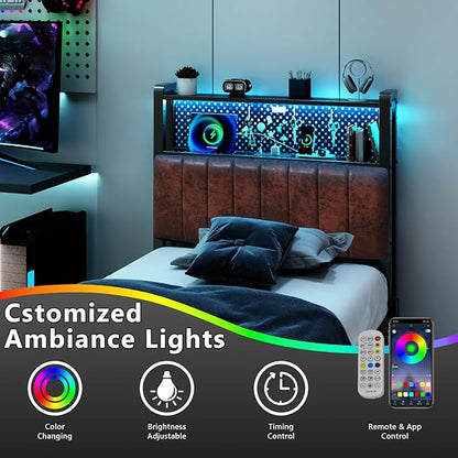 VINGLI Twin or Twin XL Size Headboard, Adjustable Upholstered Headboard with 2 Tier Shelves and Pegboard with Charging Stations and LED Lights, Modern Bed Headboard with Storage for Bedroom Decor