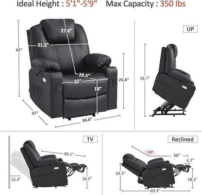 MCombo Power Lift Recliner Chair for Elderly, Lift Chair with Heat and Massage, FSC Certified, USB Ports, Cup Holders, Faux Leather 7040 (Black, Medium)