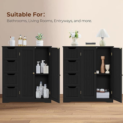 Yaheetech Wooden Bathroom Floor Cabinet, Side Storage Organizer Cabinet with 4 Drawers & Double Doors, Freestanding Entryway Storage Unit Console Table, Bathroom Furniture Home Decor, Black