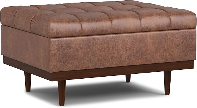 SIMPLIHOME Mariah 34 inch Wide Contemporary Rectangle Coffee Table Storage Ottoman in Distressed Saddle Brown Vegan Faux Leather, Assembled, For the Living Room, Entryway and Family Room