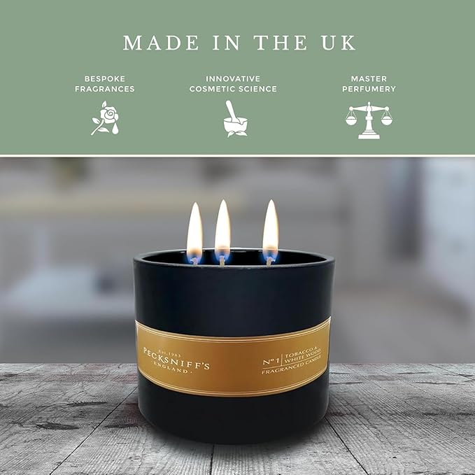 Pecksniff's Black Luxurious 3-Wick Tobacco & White Wood Scented Candle – 18.1 Oz/515g – with Metal Lid Relaxation and Elevated Home Ambiance
