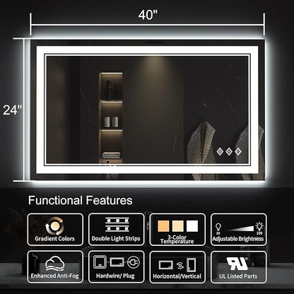 Lighted Vanity Mirror, 40x24 Inch Gradient Front and Backlight LED Vanity Mirror, 3 Colors Dimmable CRI>90 Double Lights, IP54 Enhanced Anti-Fog, Hanging Plates Wall Mount Bathroom Mirror