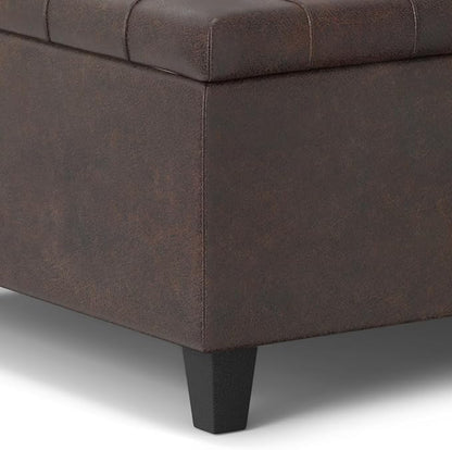 SIMPLIHOME Harrison 30 inch Wide Transitional Square Small Coffee Table Storage Ottoman in Distressed Brown Vegan Faux Leather, Assembled, for The Living Room and Bedroom