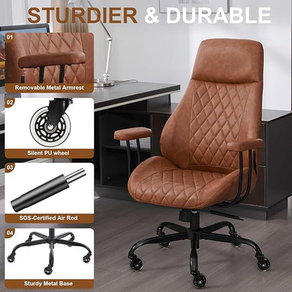 Home Office Desk Chair, Ergonomic High Back Leather Computer Chair with Lumbar Support, Adjustable Height & Recline, Swivel Executive Office Chair with Armrests and Rubber Casters, Brown