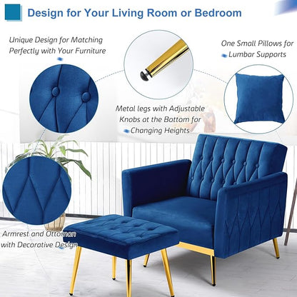 Velvet Accent Chair with Adjustable Armrests and Backrest, Button Tufted Lounge Chair, Single Recliner Armchair with Ottoman and Pillow for Living Room, Bedroom, Blue