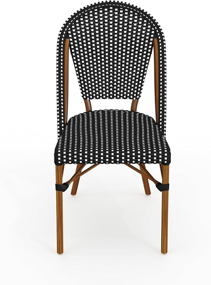 Martha Stewart Lily Pond Indoor-Outdoor Stackable Aluminum Bistro Chair with Natural Woodgrain Frame Finish and Black/White Woven Rattan Backrest and Seat