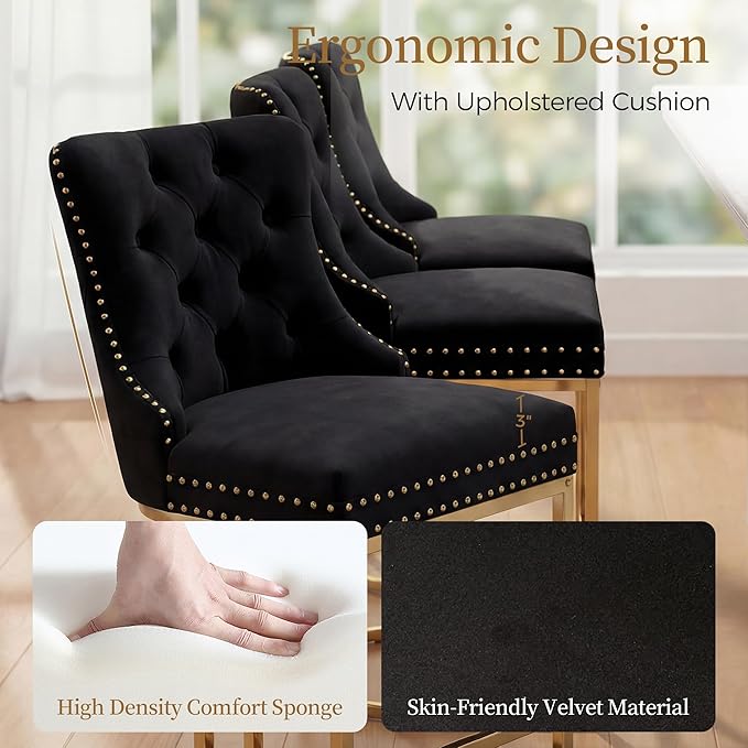 Counter Height Bar Stools Set of 2 for Kitchen Island, Modern Bar Stools with Backs, 26 Inch Barstools with Upholstered Velvet Seat and Metal Frame, Black