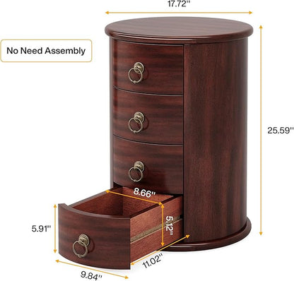 Tribesigns Solid Wood End Table, Round Side Table with 4 Drawers, Vintage Bedside Table Nightstand for Small Spaces, Living Room, Bedroom, No Assembly Required (1, Cherry Brown)