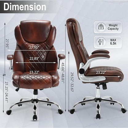 Executive Office Chair Brown, PU Leather High Back Office Desk Chairs with Wheels, 90-120° Rocking Managerial Ergonomic Big Tall Home Computer Chairs with Flip up Arms and Lumbar Support