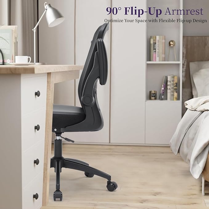 Office Chair Ergonomic, 350lbs Desk Chair Comfy with PU Leather Seat Cushion, Mesh Swivel Computer Chair with Flip-up Armrests Lumbar Support and Height Adjustable for Home Office