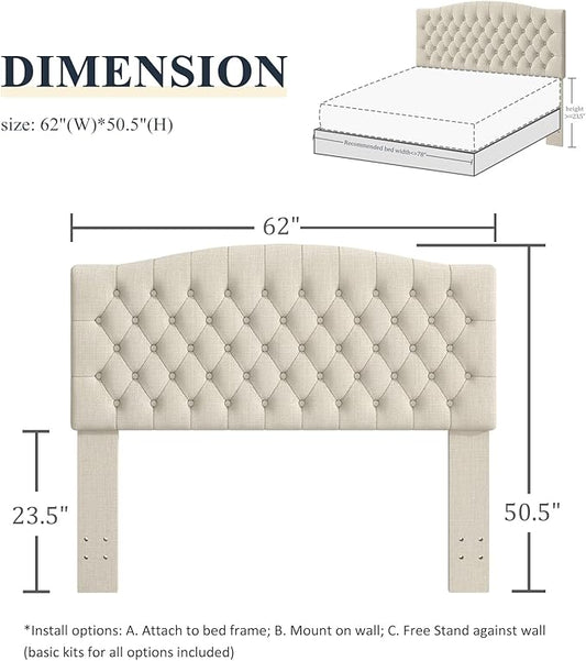 Queen Headboard Only, Upholstered Headboard Queen for Adjustable Bed Linen Tufted Queen/Full Size Wall Mounted Head Board with Solid Wood Legs Head Board, Ivory