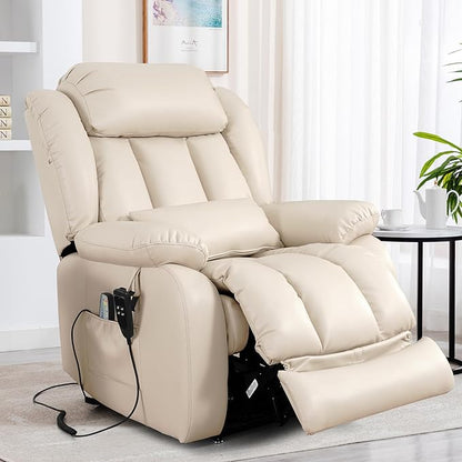 EDILLY Large Power Recliner Chair, Infinite Position Dual Motor Design with Heating and Massage, Breathing Leather Recliner for Seniors,USB Port(Beige)