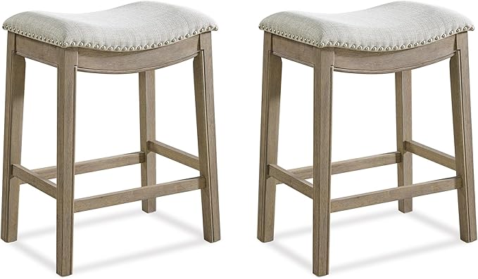 ROME + OAK Set of 2 Parker 26" Counter Stool, Backless Saddle Kitchen Barstool in Reclaimed Oak Finish with Ash Grey Fabric Upholstery Cushion Seat