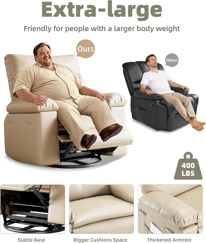 GarveeHome Oversized 27" Recliner Chairs, Classic Manual Leather Recliner, Home Theater Seating with Lumbar & Arms Support for Living Room, Bedroom and Nursery - Beige