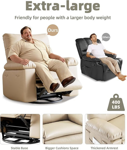 GarveeHome Oversized 27" Recliner Chairs, Classic Manual Leather Recliner, Home Theater Seating with Lumbar & Arms Support for Living Room, Bedroom and Nursery - Beige
