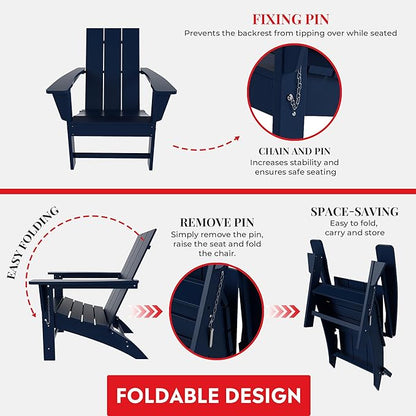 Costaelm Folding Adirondack Chairs, Outdoor Patio Adjustable Lawn Chairs, Weather Resistant Outside Firepit Chairs for Porch, Poolside, Garden, Backyard Deck, Navy Blue