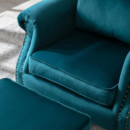 Mid Century Modern Accent Chair Upholstered Armchair Comfy Velvet Tufted Wingback Single Sofa with Ottoman for Bedroom Living Room, Teal