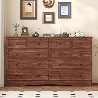 10 Drawers Dresser for Bedroom, 55.2 Inches Large Dressers Mid Century Modern Cherry Wood Chest of Drawers,Storage Organizer Furniture, Hallway, Entryway, Closet, Cherry Wood