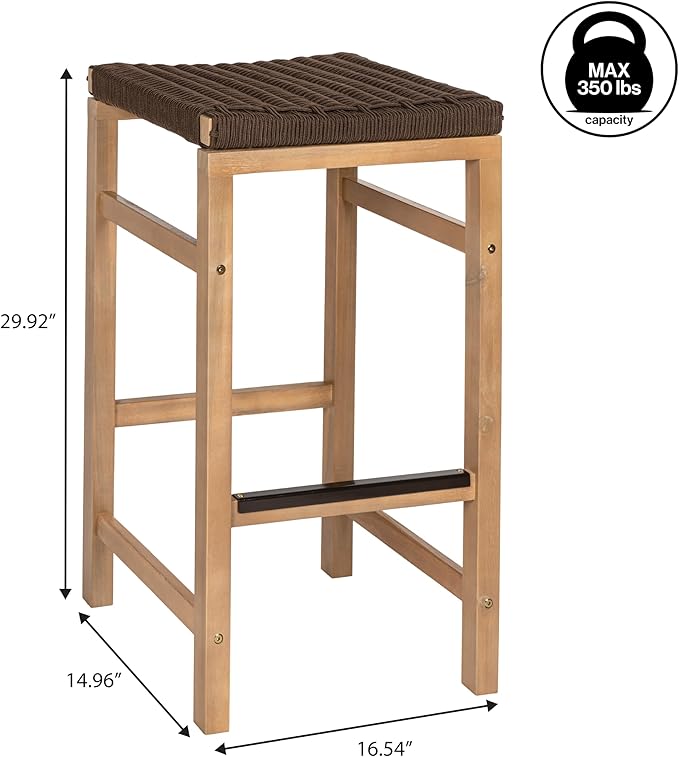 JONATHAN Y BSL1201C-SET2 Armand 30" Modern Coastal Backless Acacia Wood Outdoor Bar Stool with Woven Rope Seat, for Pool, Deck, Poolside, Light Teak/Brown (Set of 2)