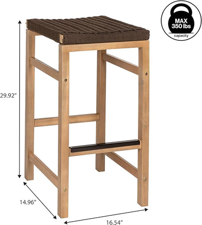 JONATHAN Y BSL1201C-SET2 Armand 30" Modern Coastal Backless Acacia Wood Outdoor Bar Stool with Woven Rope Seat, for Pool, Deck, Poolside, Light Teak/Brown (Set of 2)