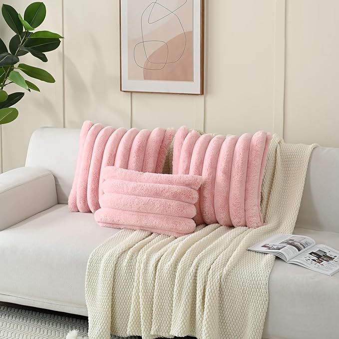 FUTEI Pink Decorative Throw Pillow Covers 18x18 Inch Set of 2, Square Soft Faux Rabbit Fur Thick Striped Cushion Cover,Winter Home Decor for Couch Bed Living Room