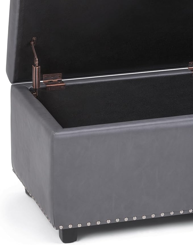 SIMPLIHOME Hamilton 48 inch Wide Transitional Rectangle Storage Ottoman in Stone Grey Vegan Faux Leather, Assembled, For the Living Room, Entryway and Family Room