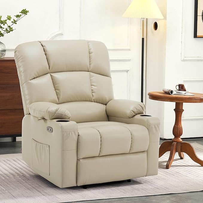 MCombo Oversized Dual Motor Power Lift Recliner Chair Sofa with Massage and Heat for Big Elderly People, Infinite Position, USB Ports, Faux Leather R7688 (Beige, Large-Oversize)